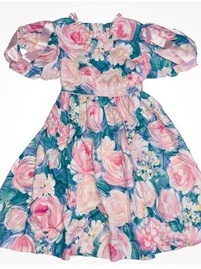 Vintage Ruth of Carolina Girls Pink Floral Dress Size 6 w/Pink
Ribbons